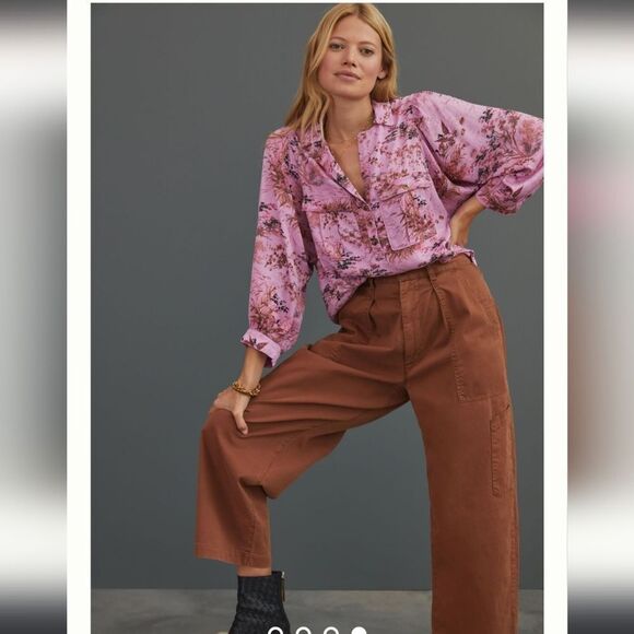 ANTHROPOLOGIE Pilcro pink femme utility gorp duck blouse button up‎ shirt L - Picture 11 of 11